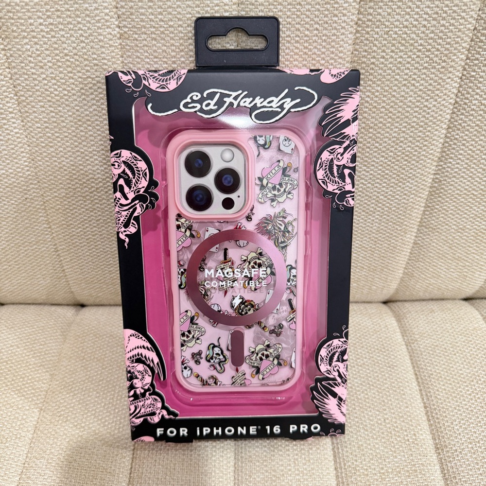 NEW Ed Hardy iPhone 16 Pro Case Pink Tattoo Love Kills Slowly MagSafe Compatible